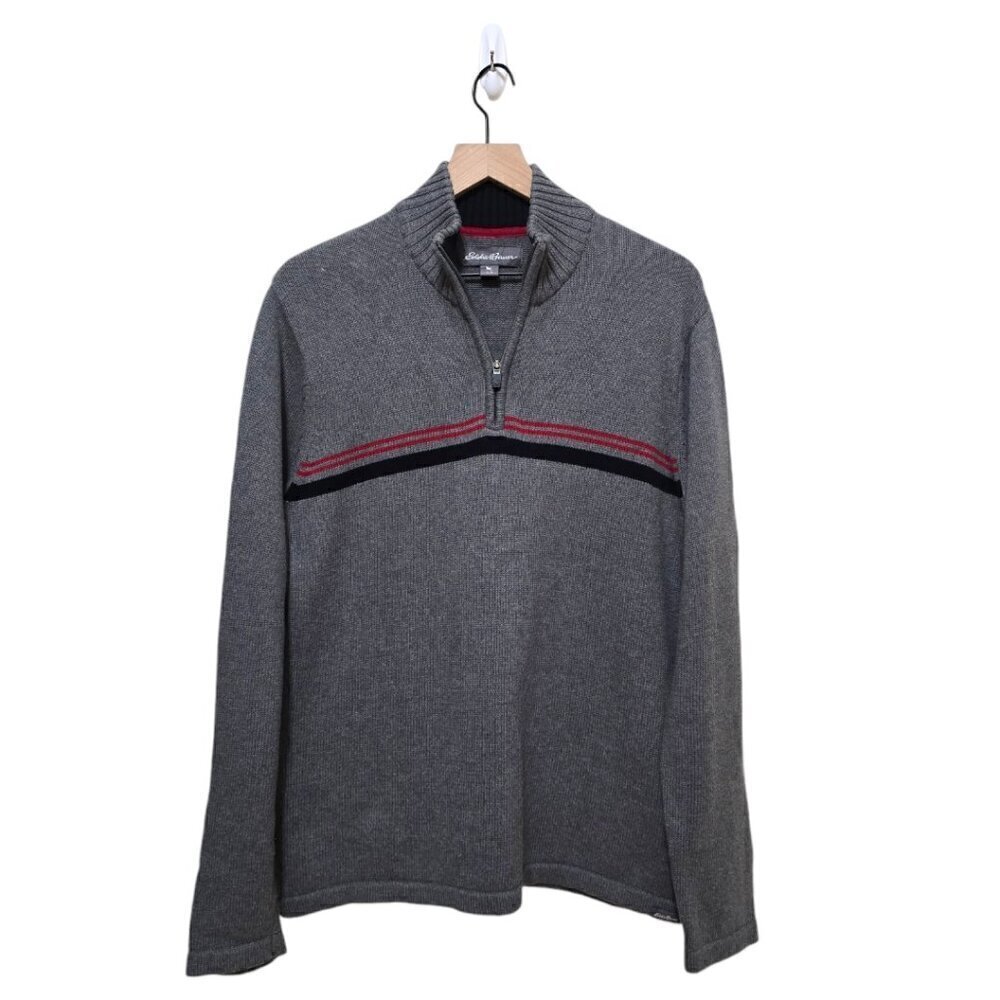 Eddie Bauer Gray Striped Cotton Quarter Zip Long Sleeve Sweater Sz L